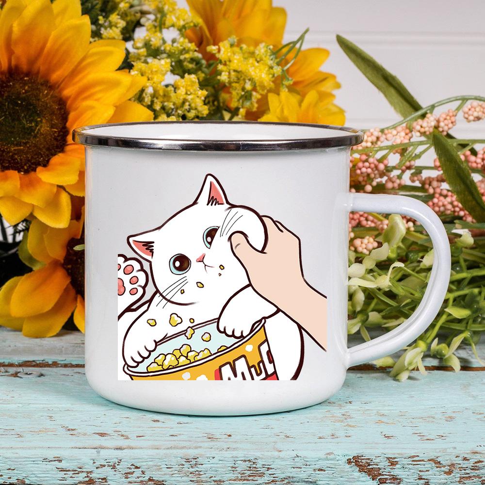 Cartoon Katze Druck Emaille Kaffee Tee Tassen Niedlichen Tier Frühstück Dessert Milch Wasser Tassen Liebe Katze Hause Drink Beste freund Geschenke