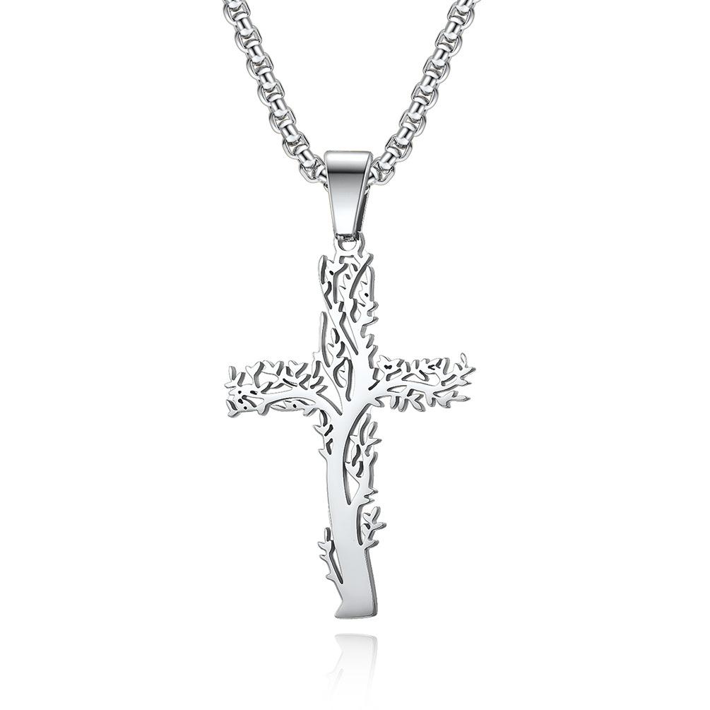Europäischer und Amerikanischer Stil Edelstahl Lebensbaum Kreuz Halskette mit Personalisierbarer Gravur für Männer und Frauen Titanstahl Anhänger white