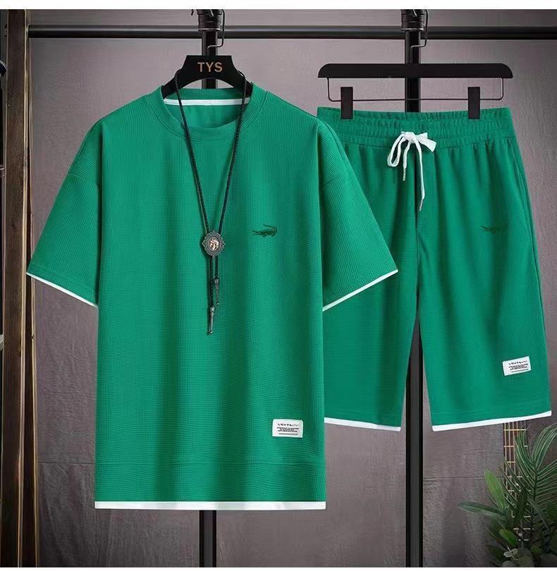 8 Farben S-4XLCasual Anzug Sommer Neue Waffel Lose Casual Zwei-stück Set Grenzüberschreitende Sport Anzug männer Kurze Ärmel S grün