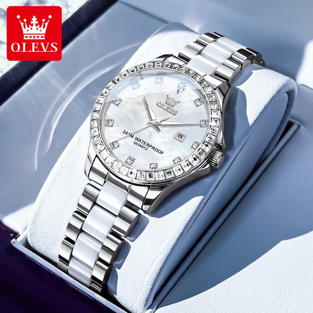 OLEVS Damen Uhr Luxus Elegant Mode Strasslünette Keramikarmband Armbanduhr Wasserdicht Datumsanzeige Uhren silber/weiß