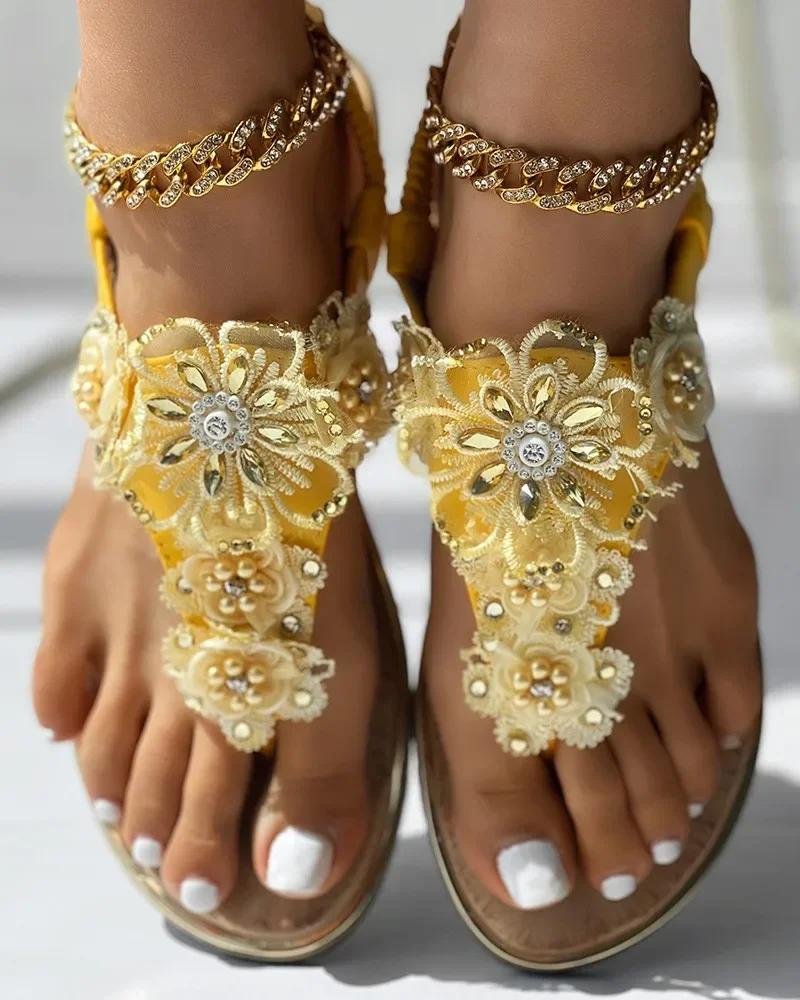 Damen Sandalen Strass Blumenmuster Slingback Sommer Strand Sandalen Boho Stil Schuhe Flip Flops Chaussures Femme 37 gelb