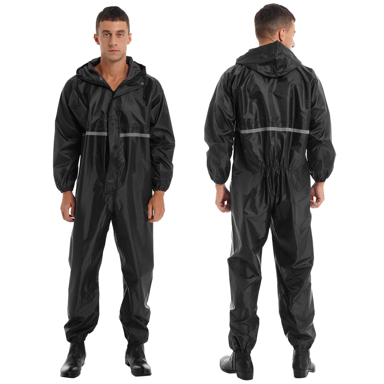 Wasserdichter Herren-Overall, reflektierender Streifen, Regenanzug, langärmelig, Kapuzen-Regenmantel, Reißverschluss-Overall L schwarz