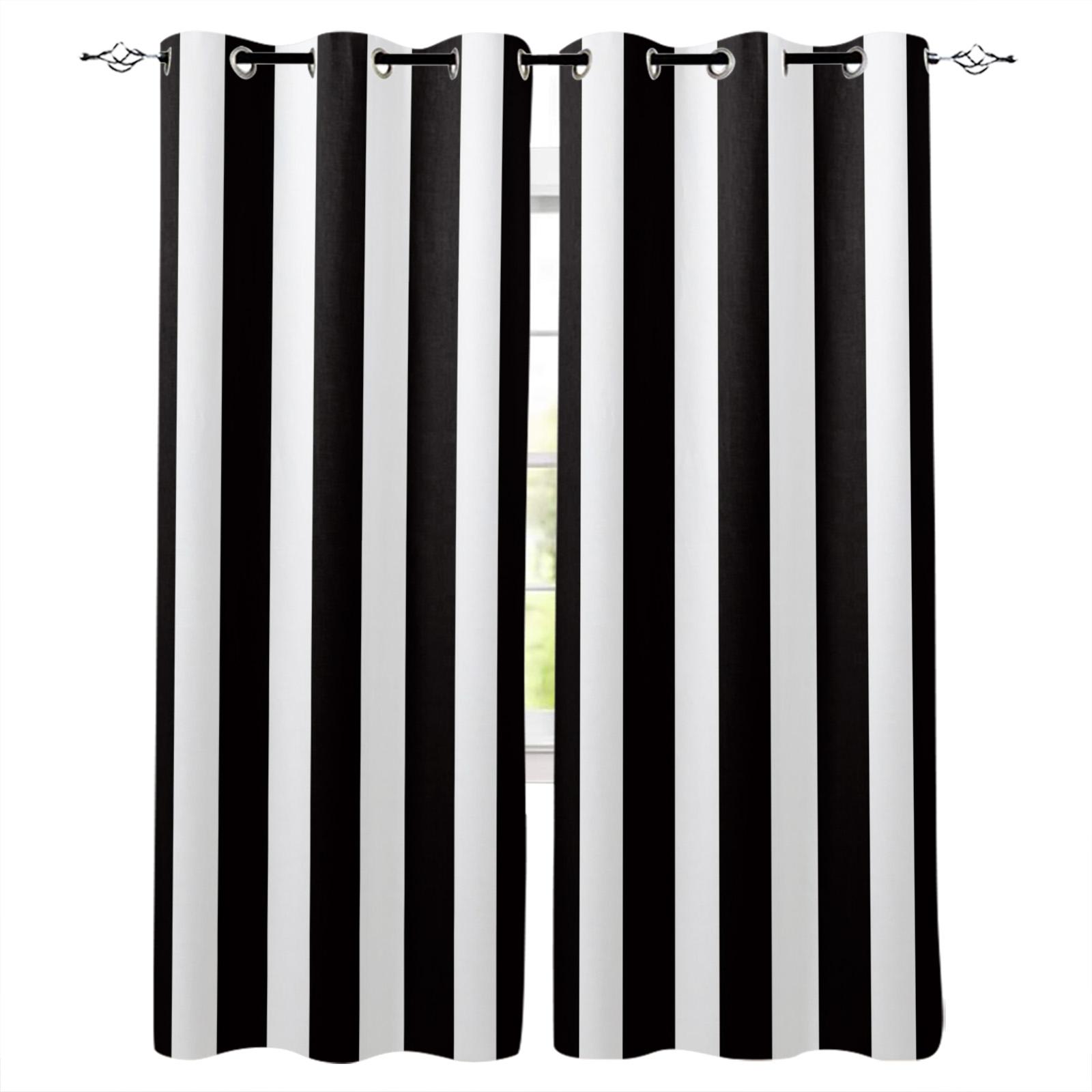 Minimalistische schwarz-weiß gestreifte Vorhänge, Dekoration, Schal, Kinderzimmer-Gardine, 2-teilig mit Ösen, Fensterdekoration, versandkostenfrei W60H60(CM)x2PCS&HOOK
