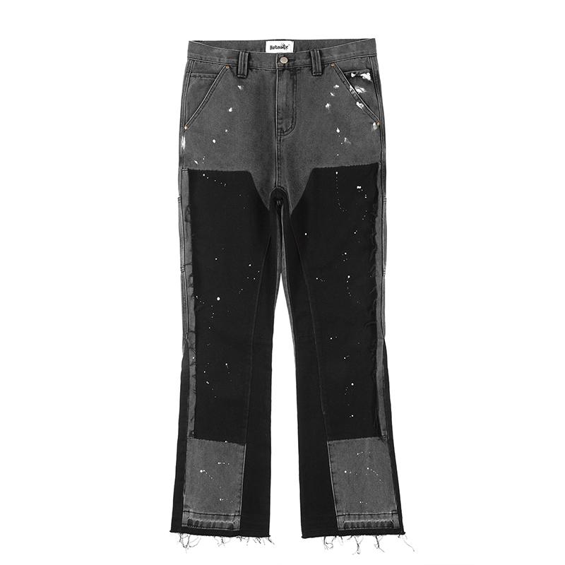 Herren Street Jeans Trend Kleidung Spot Ink Color Baggy Jeans Patchwork Fransen Jeans Loose Horn L schwarz