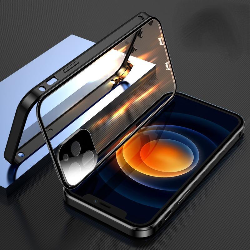 360 Metall magnetische iPhone 11 Handyhülle für iPhone 12 Pro XS Max 7 8 Plus X XS XR Hülle doppelseitiges HD-gehärtetes Glas mit Kameraschutzabdeckung for iPhone 11 schwarz