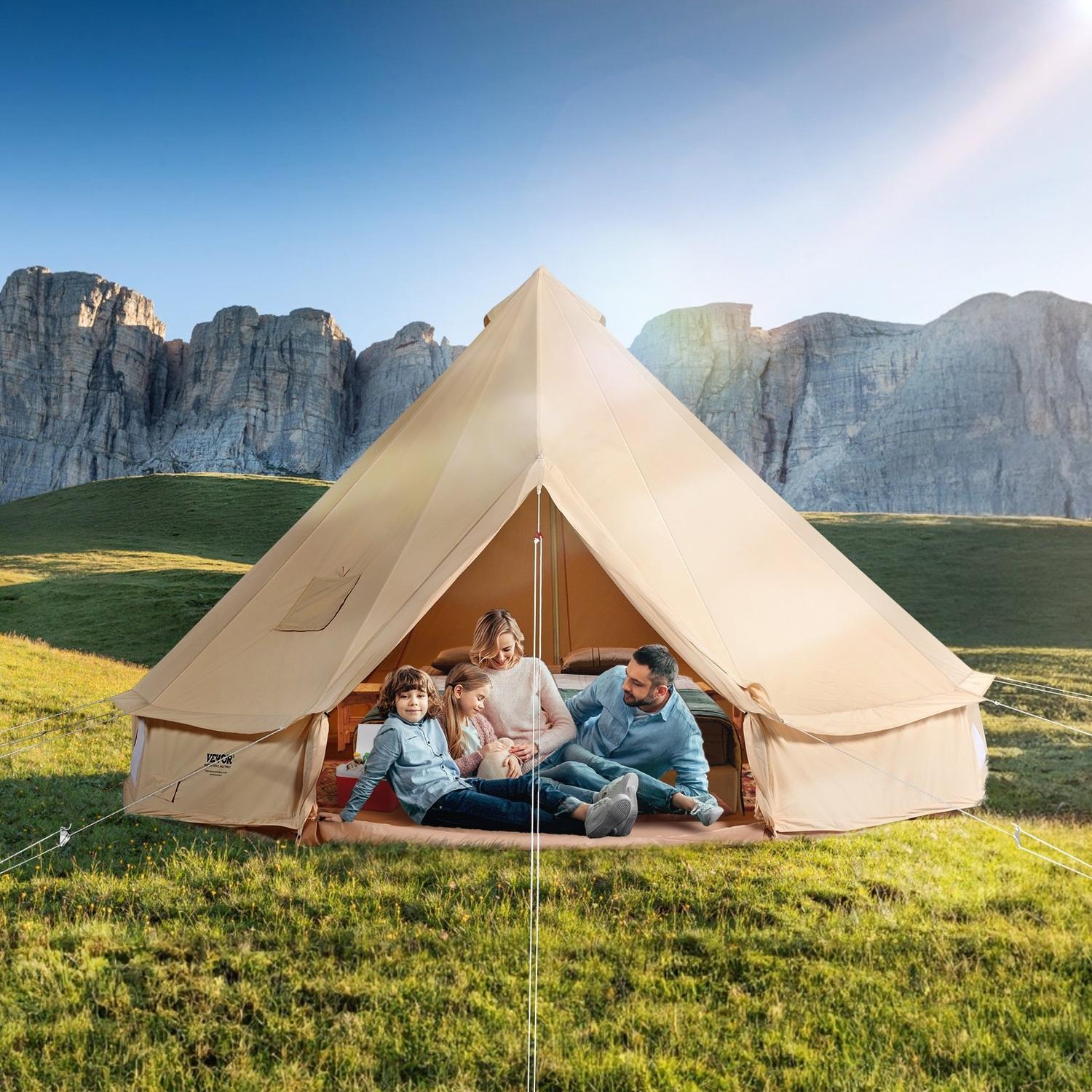 Canvas Bell Tent, 4 Jahreszeiten 4 m/13.12 ft Jurtenzelt, Canvas-Zelt für Camping mit Ofenrohrdurchführung, Atmungsaktives Zelt für bis zu 6 Personen, Familien-Camping