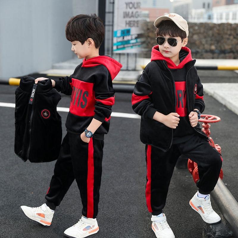 3 Teile/los Jungen Kleidung Sets Kinder Kleidung Für Jugendliche Kinder Outfits Weste Hoodies Tops Hosen Herbst Winter Anzug Warm 150cm rot