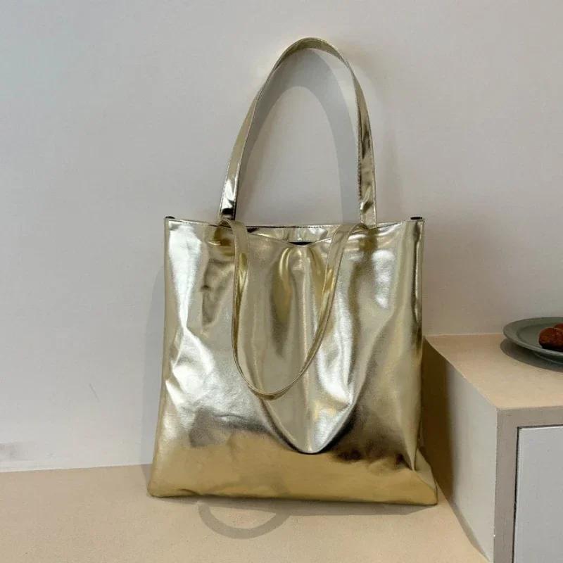 Glänzende Tragetaschen für Damen, modische Einkaufstasche mit hoher Kapazität, Handtaschen aus PU-Leder, glänzend, lässige Damenhandtasche, Umhängetasche für Mädchen gold