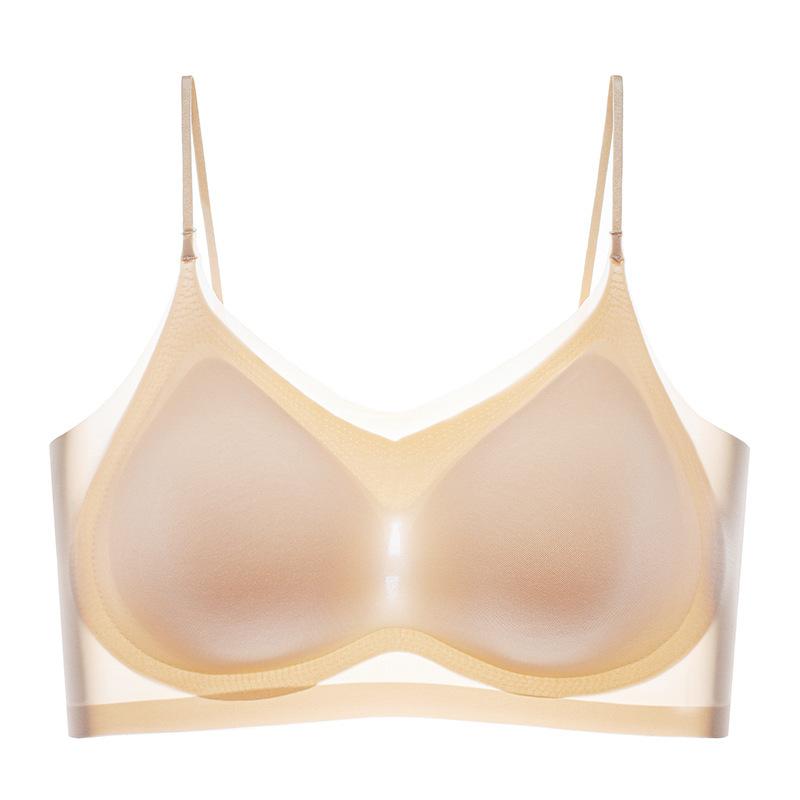Frauen Sexy Bhs Eis Seide Dessous Push-Up Unterwäsche Urtal Dünne Schönheit Zurück Bralette Emulsion Pad Schlaf Dessous Soutien Schlucht L(50KG-60KG) beige