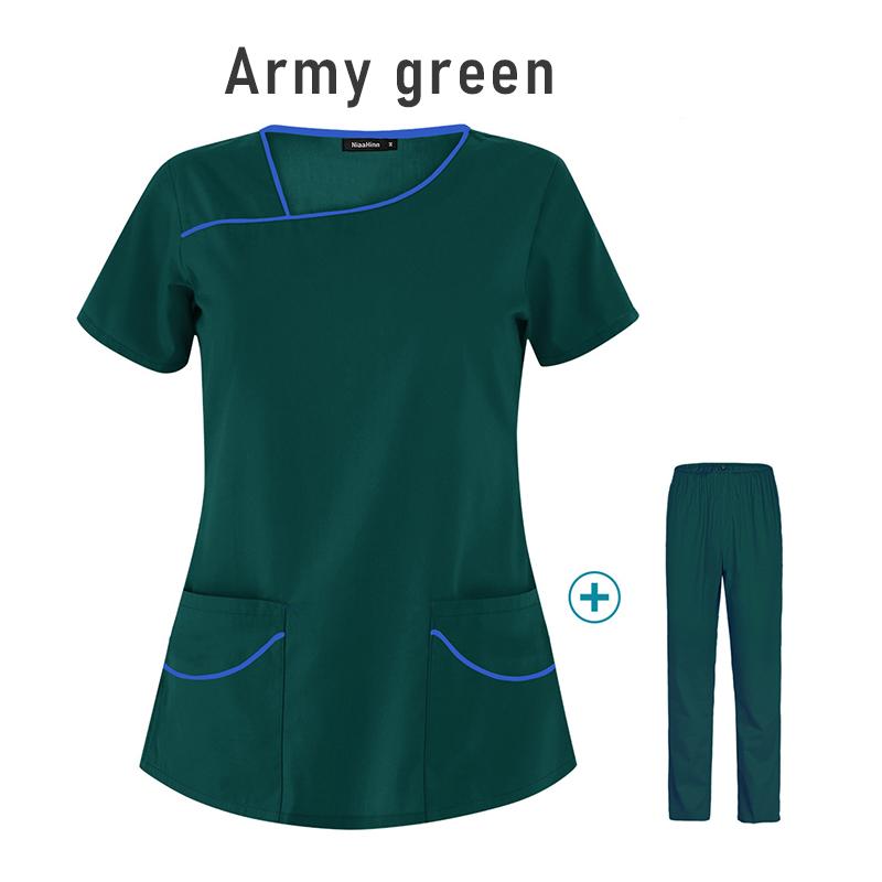 Krankenpflege-Bekleidung für Damen, Uniformen, Haustierpflege-Bekleidungsset, kurzärmeliges Oberteil mit V-Ausschnitt und Hose, Arztanzüge, medizinische Chirurgie, Arbeitskleidung M armee grüne