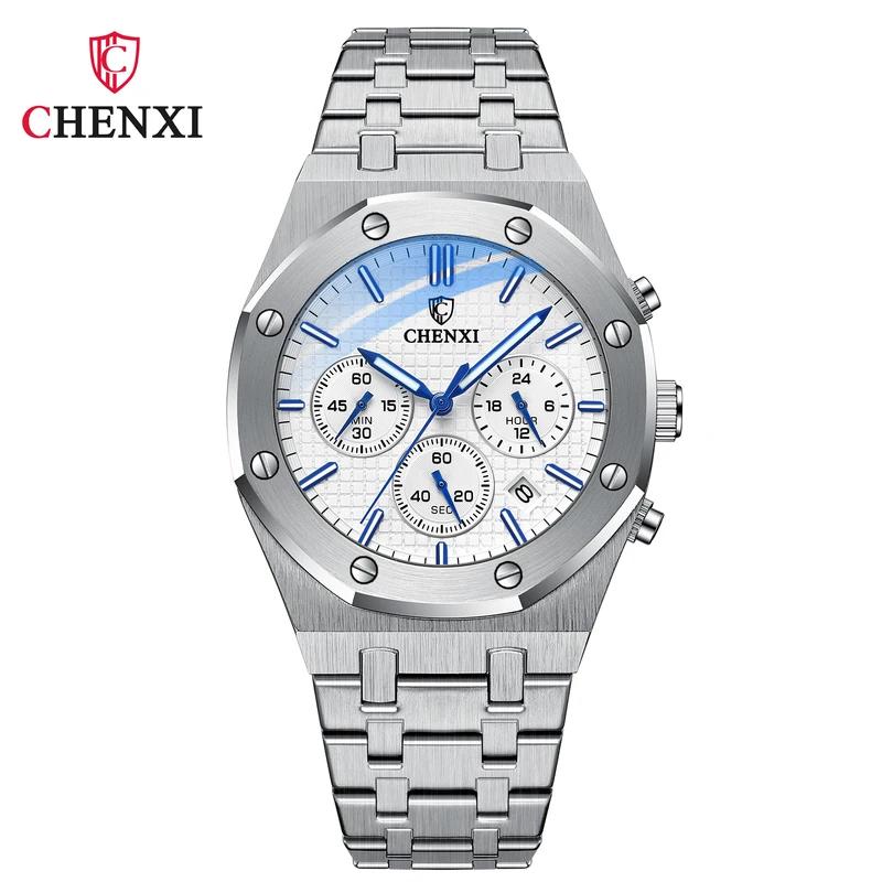 CHENXI Top Luxusmarke Automatisches Datum Armbanduhr Herren Sport Wasserdicht Multifunktions-Chronograph Edelstahl Armbanduhren silber