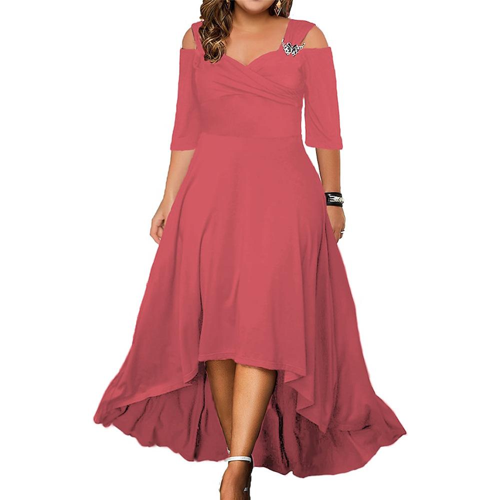 Plus Size Damen Sommer V-Ausschnitt Schulterfrei Midikleid Damen Elegantes Partykleid Swing Kleider Abendkleid XXXL rosa