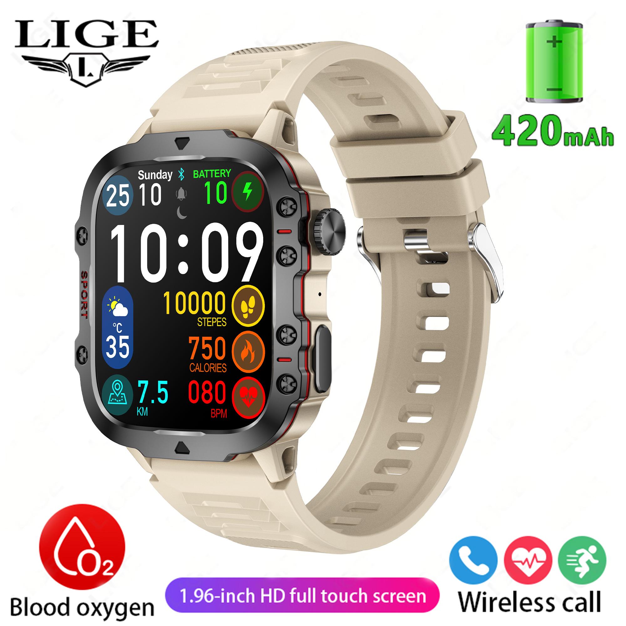 LIGE 1,96-Zoll-HD-Smartwatch mit quadratischem Bildschirm, kontinuierliche Herzfrequenz-Gesundheitserkennung, Smart-Armband, Outdoor-Sport, wasserdichte Fitness-Smartwatch Silicone strap helle gelbe