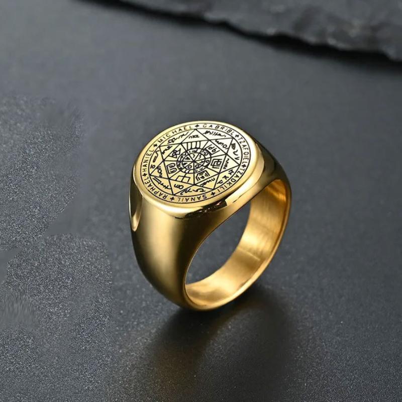 YILUOCD Siegel der Sieben Erzengel Ringe für Männer Der Schlüssel Salomos Ring Kabbala Talisman Amulett Edelstahl Herrenschmuck 11