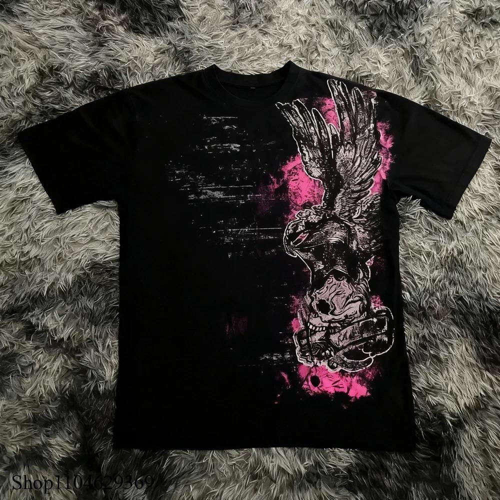 Klassischer Y2K Gothic Style T-Shirt Print Oversized T-Shirt High Street Shirts Gothic Rundhals Baumwoll-Tops Neues Herren Damen T-Shirt L braun