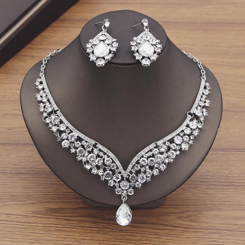 Wunderschöne lila Kristall Brautkleid Halsband Halskette Sets für Frauen Braut Schmuck Sets Ohrringe Dubai Schmuck Sets Mode silber weiße