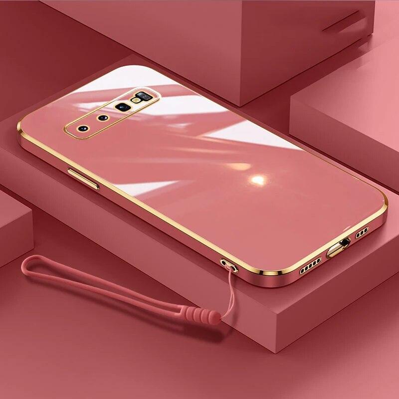 Für Samsung S10 Hülle Galaxy S10+ Luxus Square Plating Galaxy S10 Plus Handyhülle Stoßfeste weiche TPU Silikon Rückseite Fundas Galaxy S10 Plus&Case & Strap wein rot