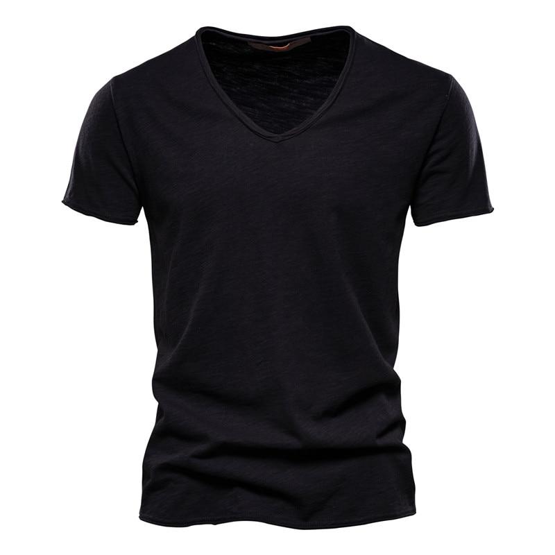 AIOPESON Sommer 100% Baumwolle Elastizität T Shirt Männer Casual Weiche Fitness Shirt Männer T Shirt Tops T Shirts V-ausschnitt kurzarm T-shirt Männer L schwarz
