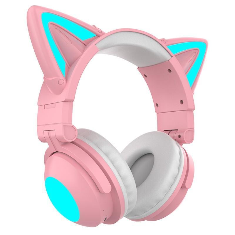 Faltbarer, am Kopf montierter Katzenohr-LED-Gaming-Headset mit starkem Bass, Bluetooth 5.0-Kopfhörer, echter kabelloser Kopfhörer mit Mikrofon rosa