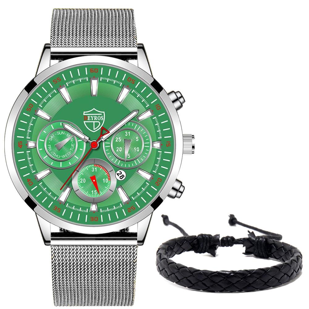 2 teile/satz Mode herren Business Uhr Herren Edelstahl Mesh Band Armbanduhr Mann Casual Quarz Uhr und Armband silber