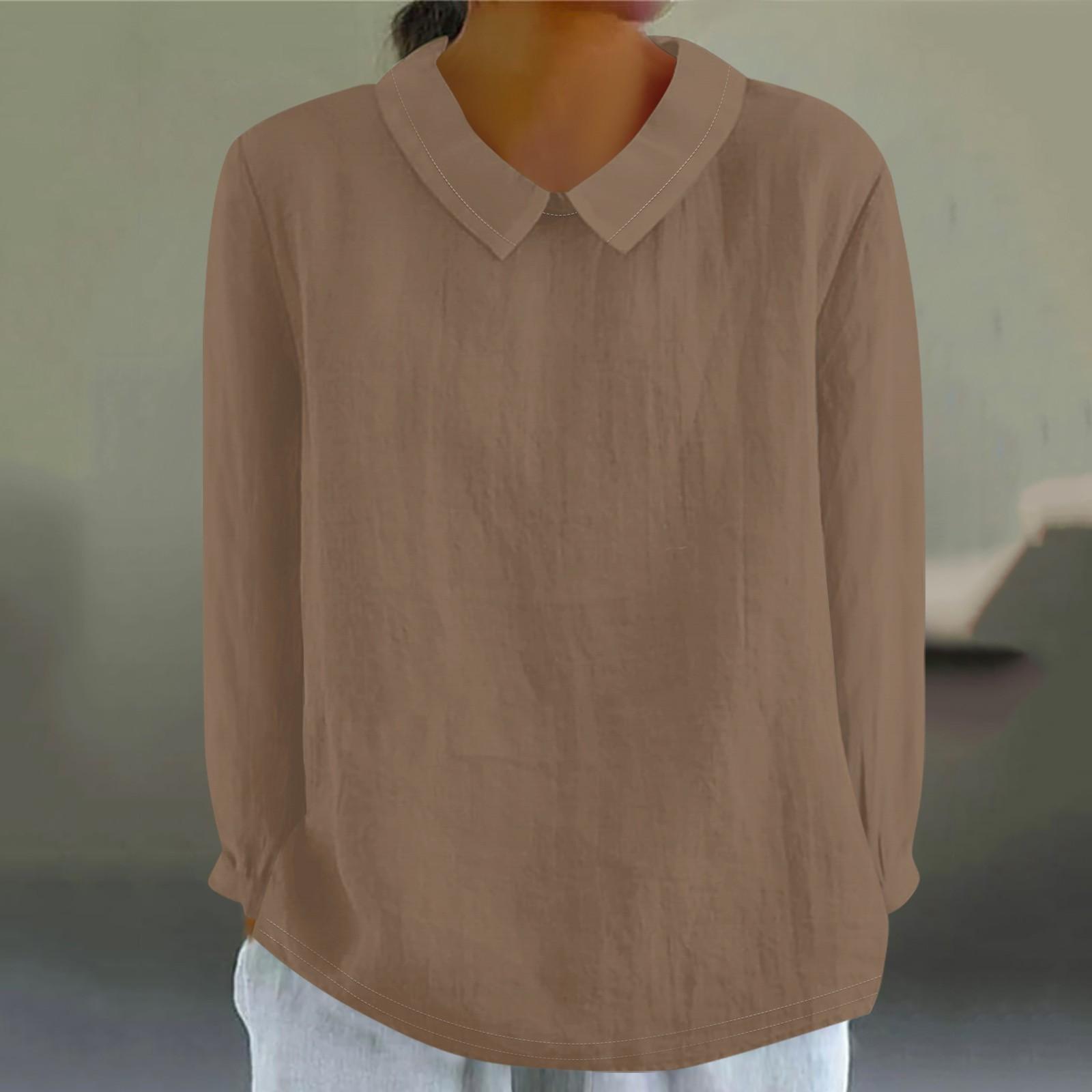 Damen Fashion Doll Kragen Langarm Locker Einfarbig Hemd Lässiges Knopfoberteil XXXL khaki
