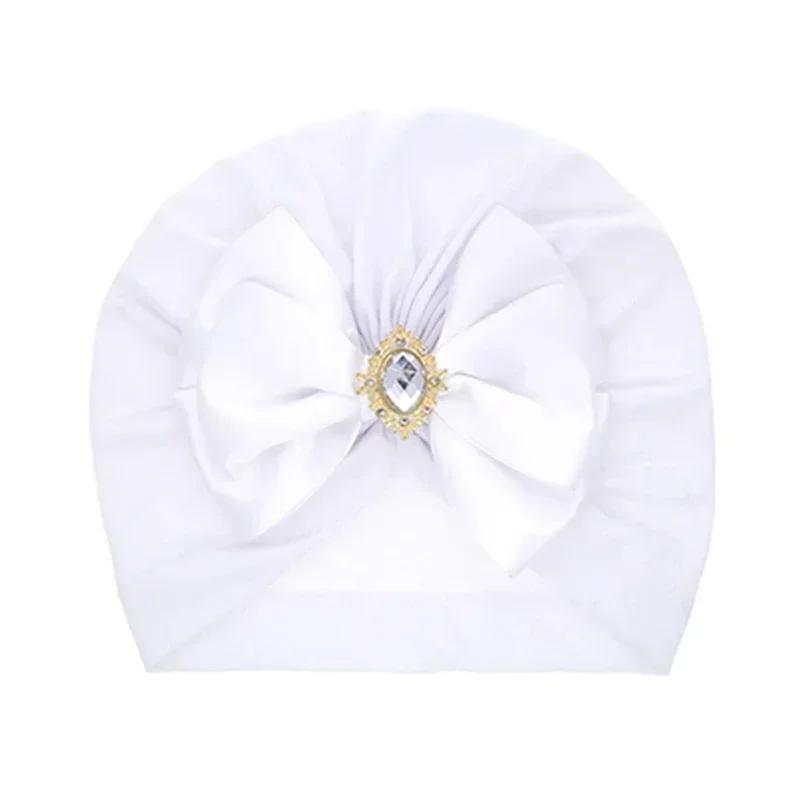Glänzende Strass Schleife Kleinkind Indischer Hut Weiche Hautfreundliche Baumwolle Baby Mädchen Mützen Turban Handgemachte Schleifen Kopfbedeckung weiß