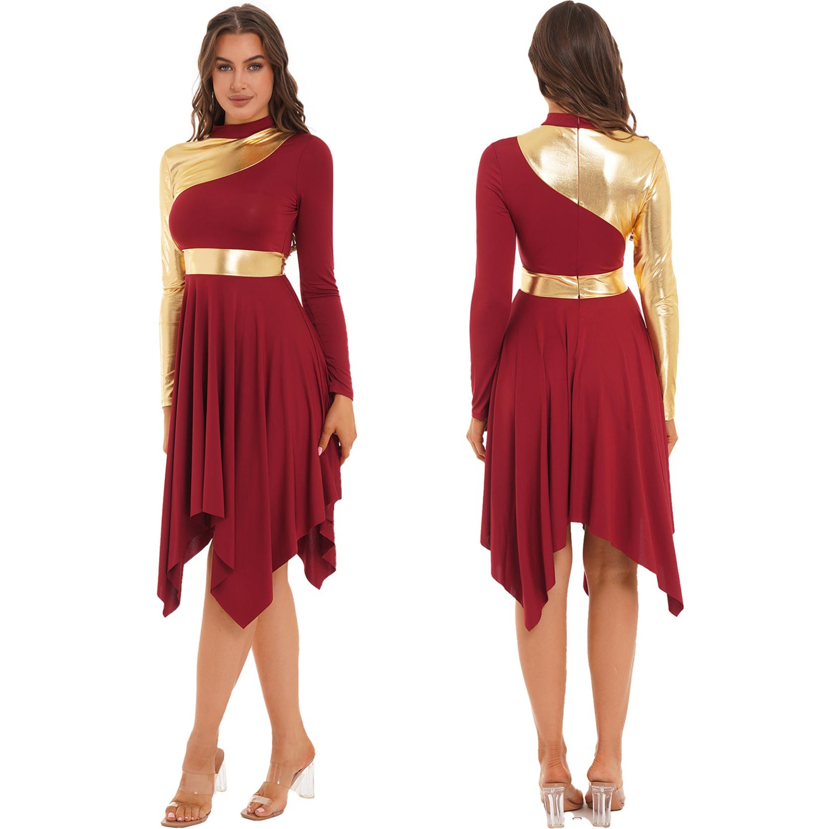 Damen-Tanz-Performance-Kostüm, Kontrastfarbenes Patchwork-Kleid, langärmelige Kleider mit asymmetrischem Saum L bordeaux