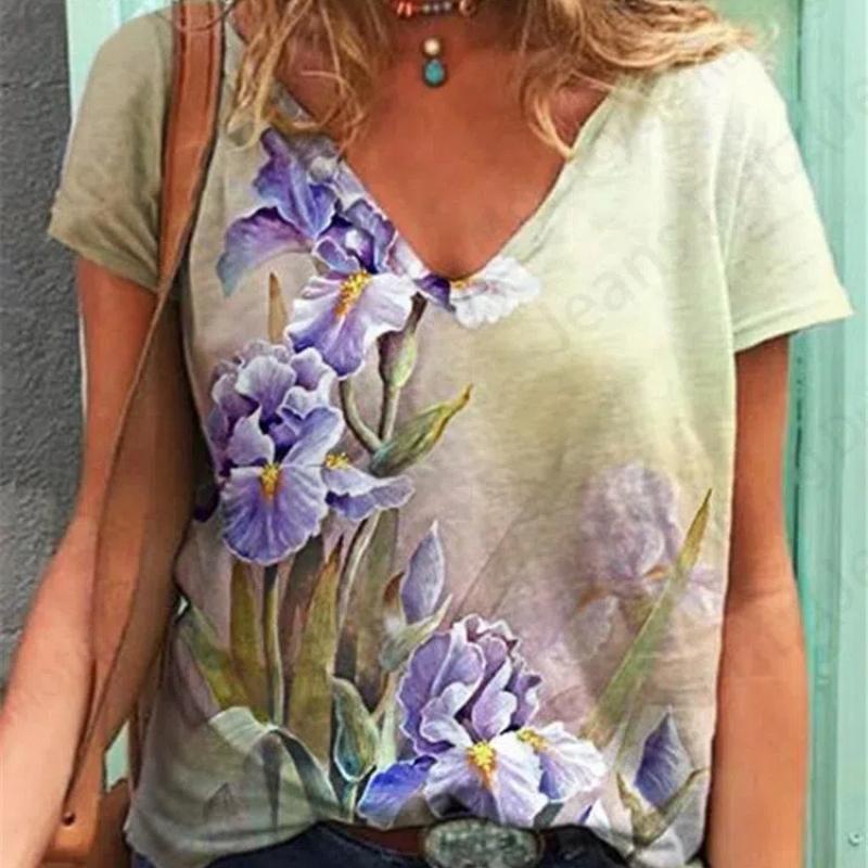 Sommer Vintage Floral Frauen T-shirts 3d Blume Pflanzen Druck T-shirt Frauen Mode T-shirt V-ausschnitt Übergroßen T Shirt Frauen Kleidung XL