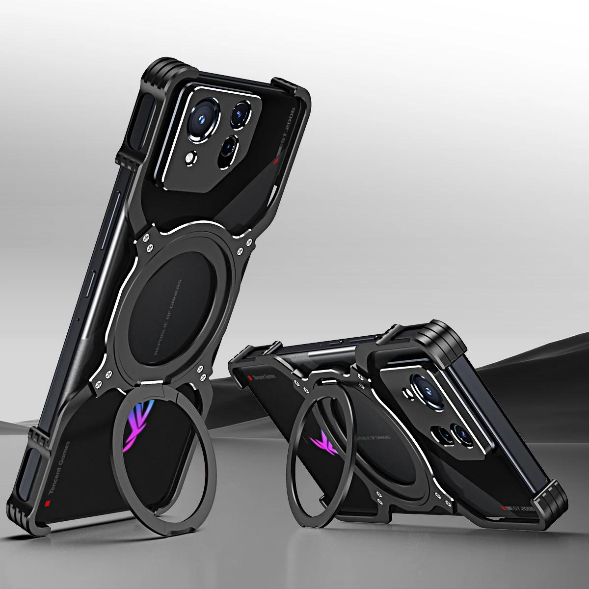 Randloses magnetisches Metallgehäuse für Asus ROG Phone 8 Pro Stoßstange aus Aluminiumlegierung 360° drehbarer Ringständer Linsenschutzrahmenabdeckung For ROG Phone 8 Pro schwarz