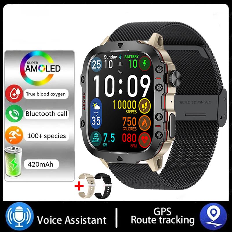 Neue Smart Watch 1,96 Zoll Bildschirm 420 MAh Bluetooth Anruf Sprachassistent Uhr Sport Fitness Wasserdichte Smartwatch für Männer Mesh belt + silicone + si mandel
