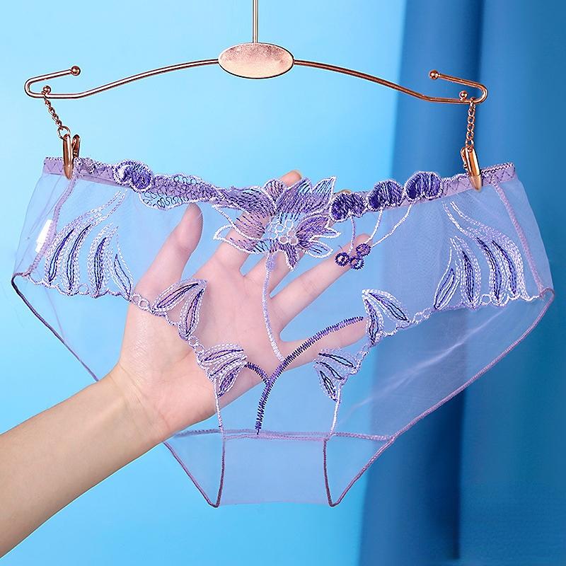 Transparente Sexy Damenhöschen Dessous Blumen Stickerei Weibliche Unterhose Unterwäsche Slips XL violett