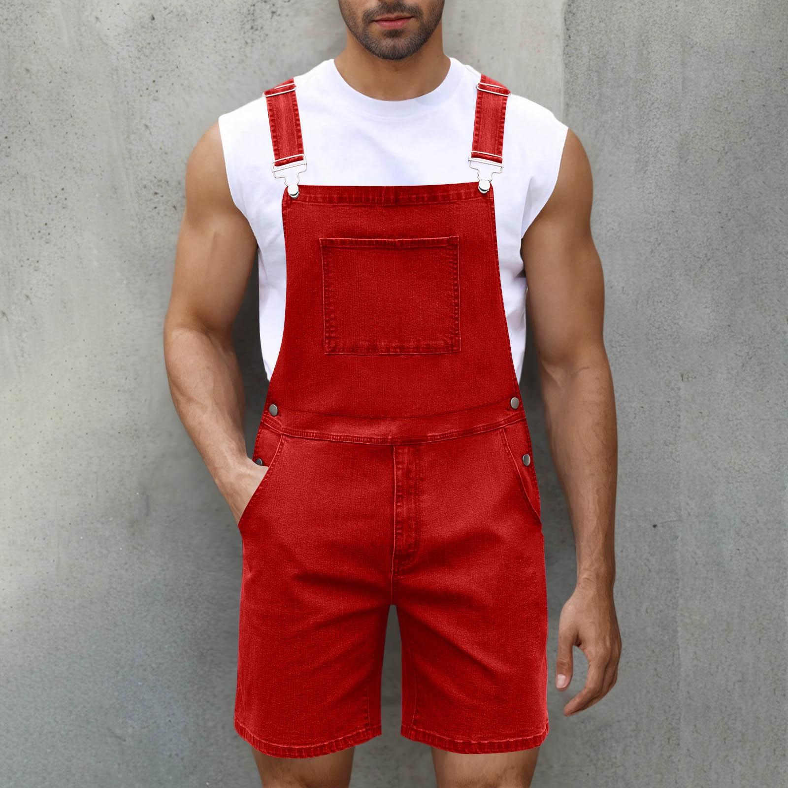 Herrenmode Einfarbig V-Ausschnitt Knopf Tasche Washed Water Denim Verstellbarer Kurzträger Jumpsuit XL rot