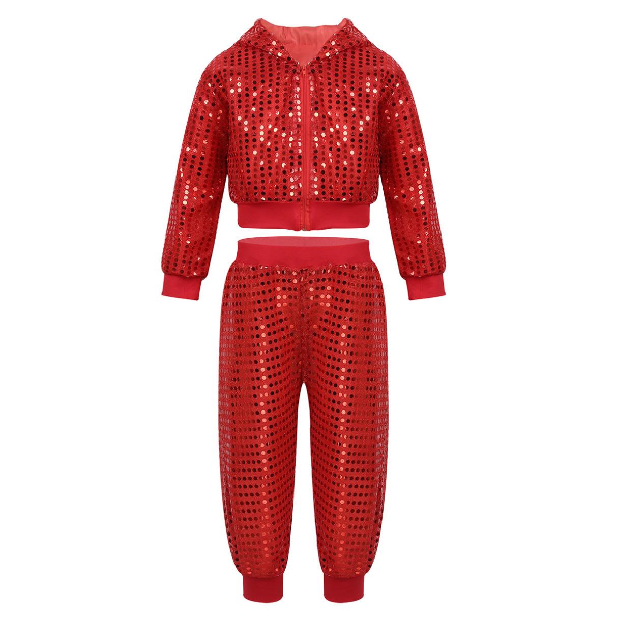 Kinder Jungen Mädchen Glitzernde Pailletten Langarm Hip Hop Jazz Street Dance Kostüme Langarm Kapuzenjacke Hosen Set 5-6 Years rot