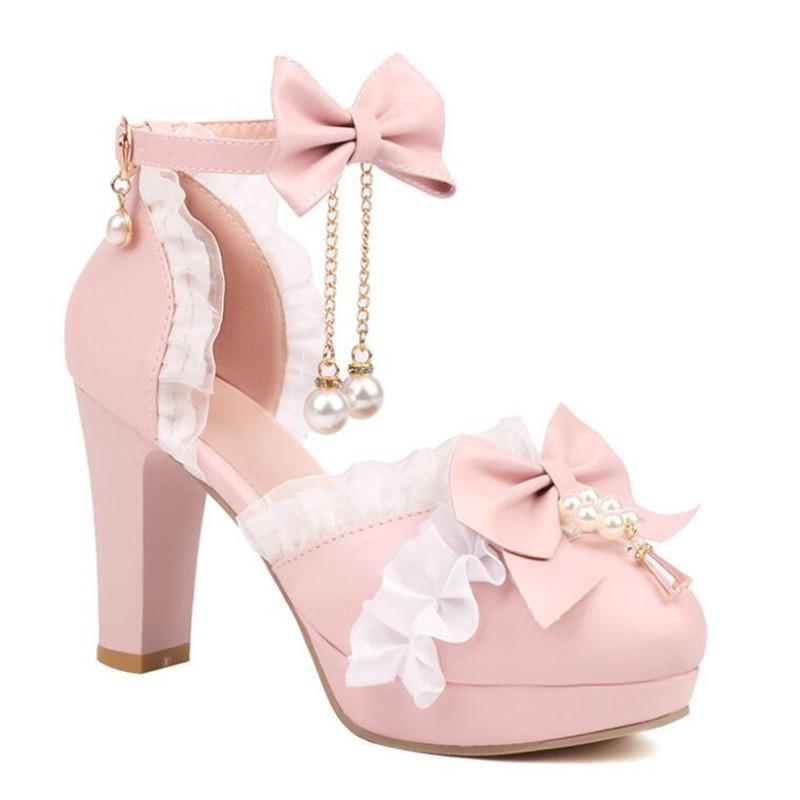Mädchen High Heels Kinder Prinzessin Sandale Damen Plateau Schleife Spitze Mary Jane Lolita Schuhe Damen Party High Heels Damen Pumps 30-43 33(21.5cm)