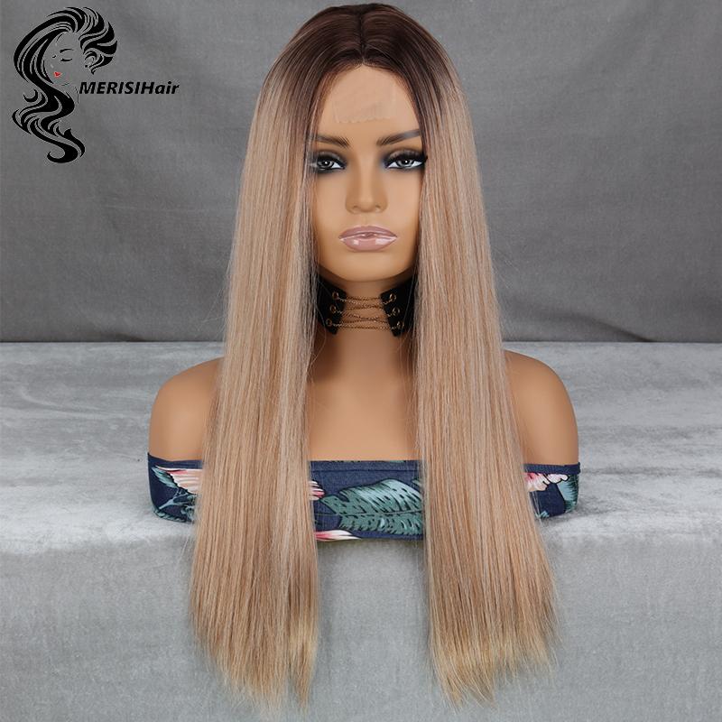 MERISIHAIR Long Ombre Blonde Perücke für Frauen Dunkle Wurzeln Mittelteil Straight Ash Blonde Perücke für Frauen Hitzebeständige Perücken für Cosplay Tägliche Party Use