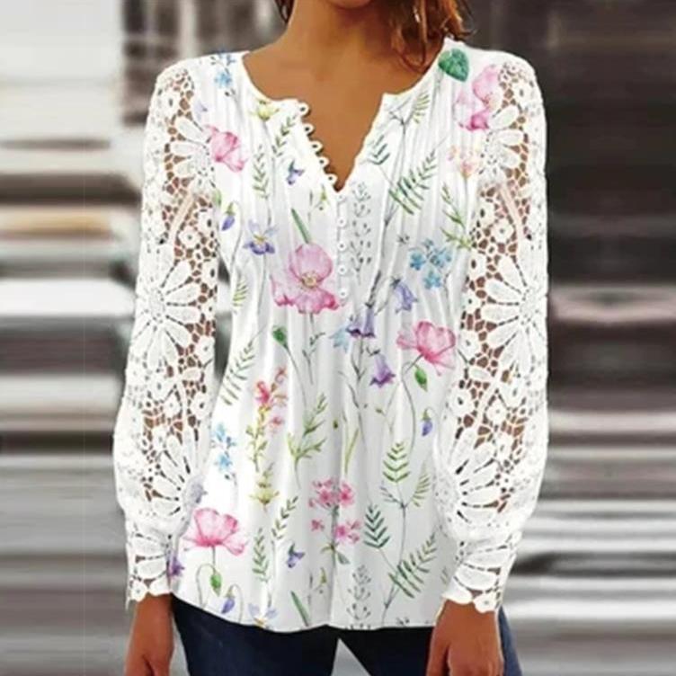 YYFS Damenmode, lässig, Frühling, Herbst, einfarbig, Blumenmuster, bedruckt, langärmelig, V-Ausschnitt, Blusen und Hemden XXXXL rosa/weiß