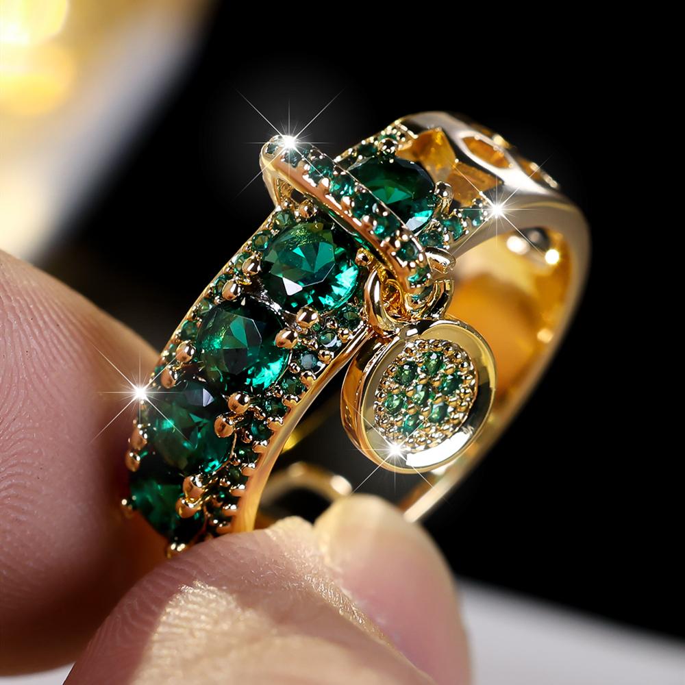 Vintage Royal Blau Kristall Ring für Frauen Luxus Gold Farbe Hochzeit Ringe Runde Anhänger Ring Engagement Schmuck Geschenke 10 grün/gold