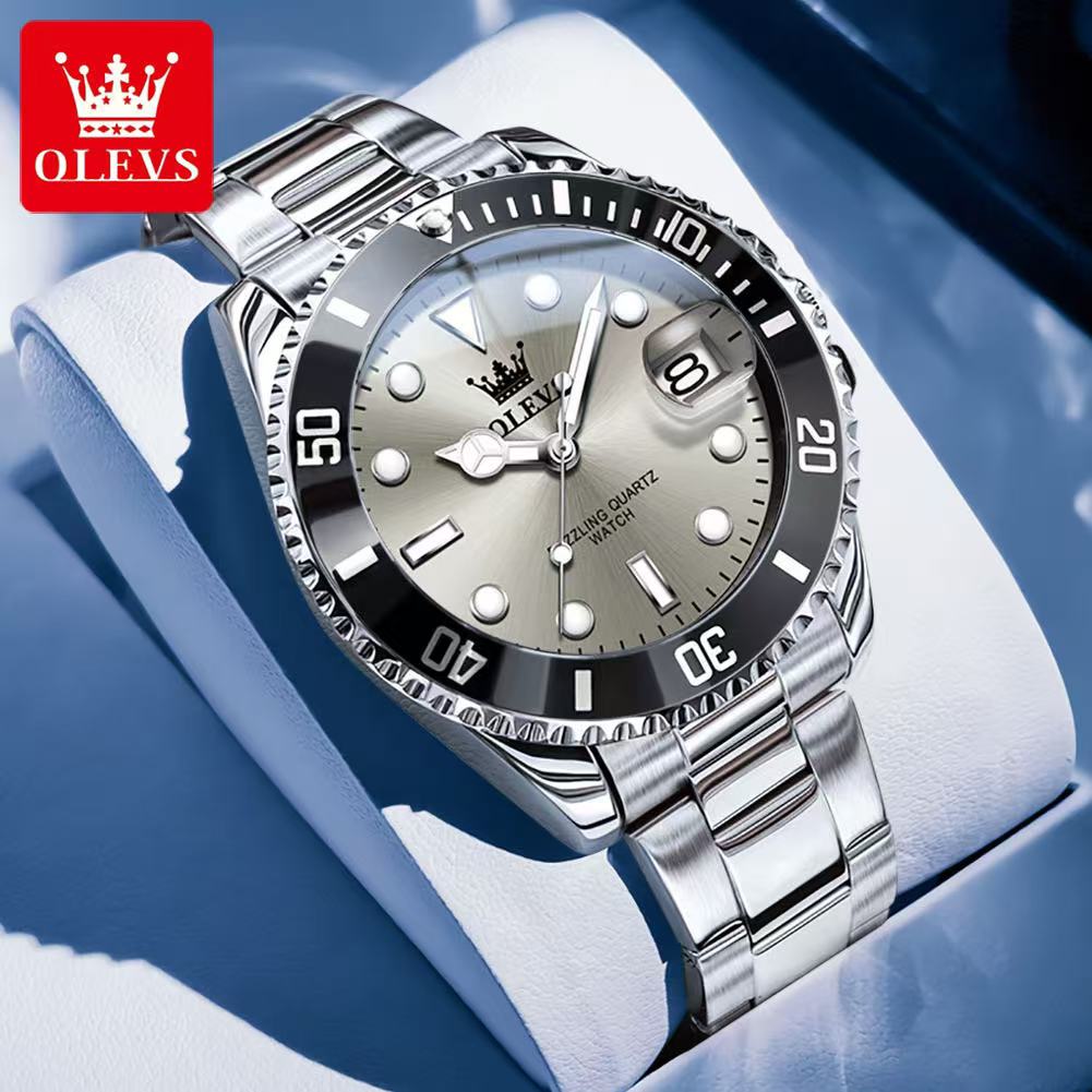 OLEVS 5885 mit Geschenkbox, luxuriöse grüne Wassergeist-Quarzuhr, wasserdichte Herrenuhr, Herrenuhr graue/silber