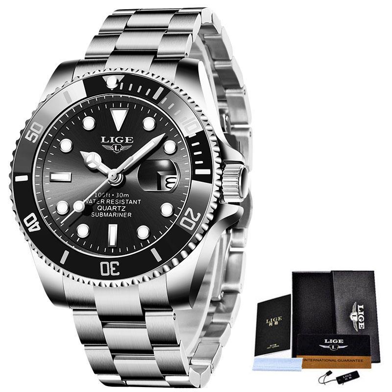 LIGE Top Marke Luxus Mode Taucher Uhren Männer 30ATM Wasserdicht Datum Uhr Sport Uhr Männer Quarz Armbanduhr schwarz/silber