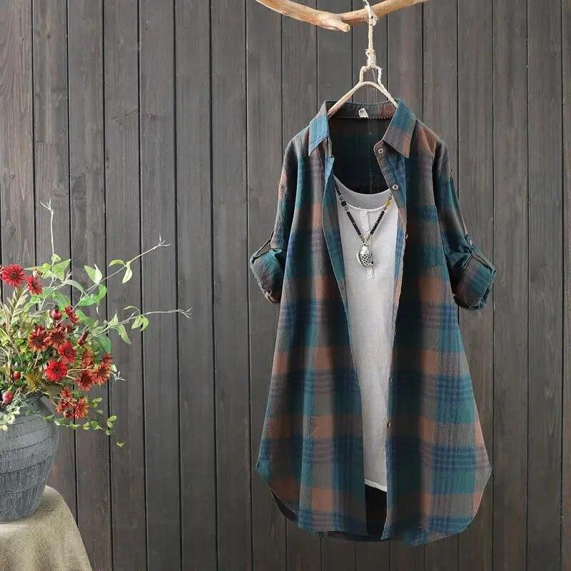 Vintage Casual Bluse Lose Plus Size Tops Damen Kleidung Mittellang Kariertes Hemd Damen Baumwolle Leinen Kleidung Damen Shirts S navy blau