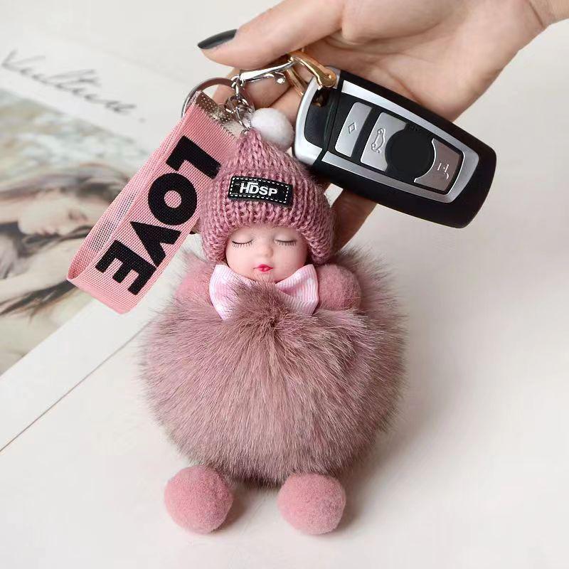 Schlafender Baby-Schlüsselanhänger, süße, flauschige Plüschpuppe, Schlüsselanhänger, Frauen, Mädchen, Taschen, Anhänger, Autos, Schlüsselanhänger, Rucksack, Dekoration, Geschenk rosa
