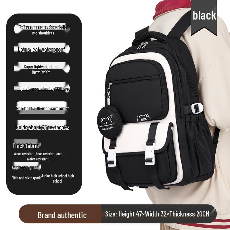 Trendiger Color-Block-Rucksack: Leichte Schulranzen mit großem Fassungsvermögen für Schülerinnen schwarz