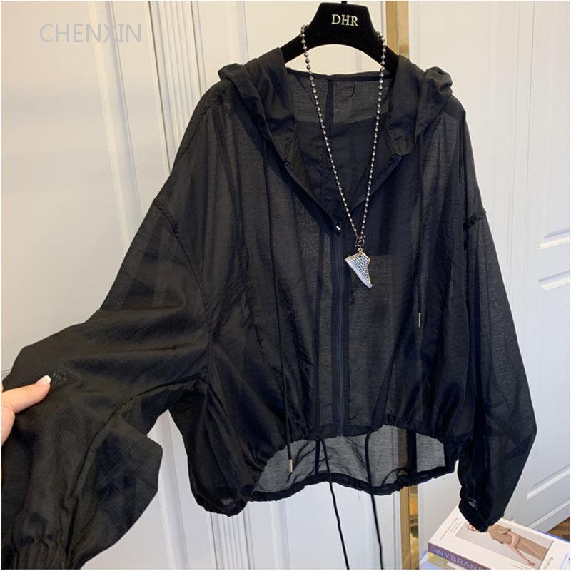 Jacken Damen mit Kapuze, Sommer, Sonnenschutz, Reißverschluss, Mäntel, dünn, locker, durchsichtig, Oberbekleidung, atmungsaktiv, leichte Kleidung, Schwarz XXXXL schwarz