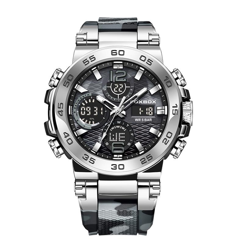 FOXBOX Herrenuhr Militär Camouflage Sport Herren Armbanduhr Dual Display Wasserdichte Herren Digitaluhr Camouflage silber/schwarz