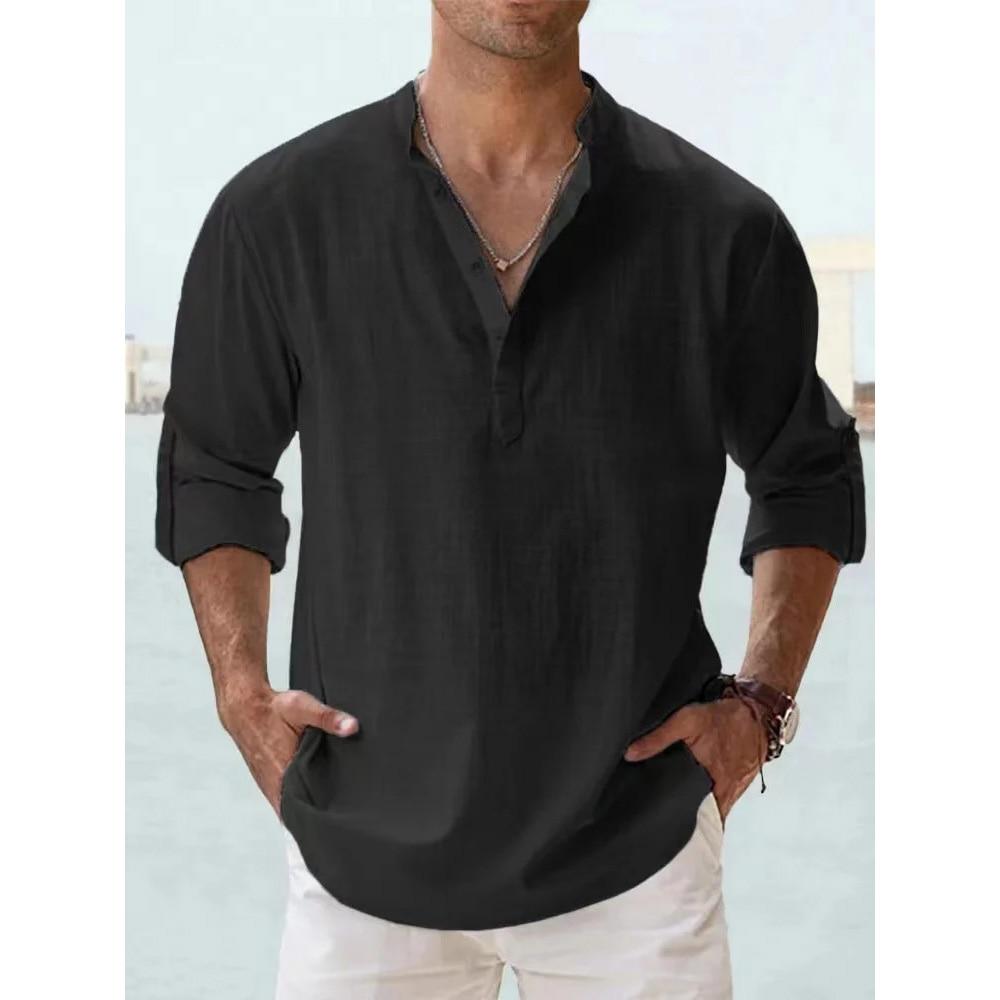 Neue Baumwoll-Leinen-Hemden für Herren, Freizeithemden, leichte Langarm-Henley-Strandhemden, hawaiianische T-Shirts für Herren, Streetwear US XL 80-90 KG schwarz
