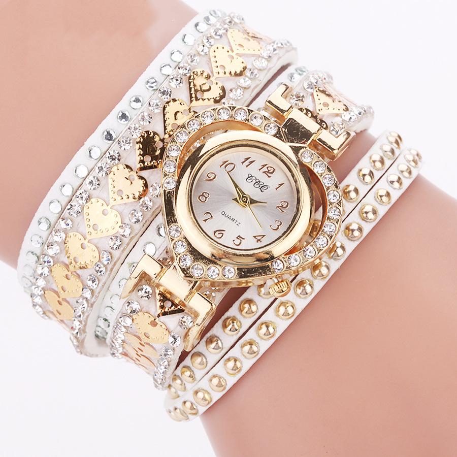 Frauen Armband Leder Quarz Strass Armbanduhren Uhr Damen Kleid Uhren Geschenk weiß