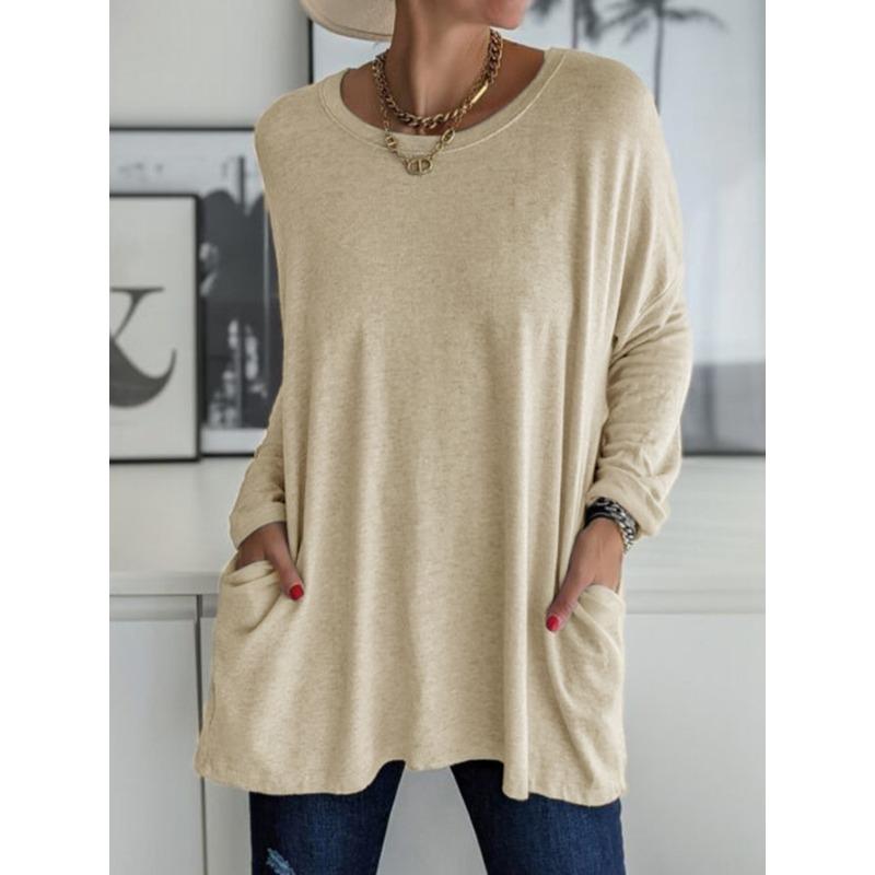 Damenmode, lässig, einfarbig, langärmelig, O-Ausschnitt, Blusen und Hemden L khaki