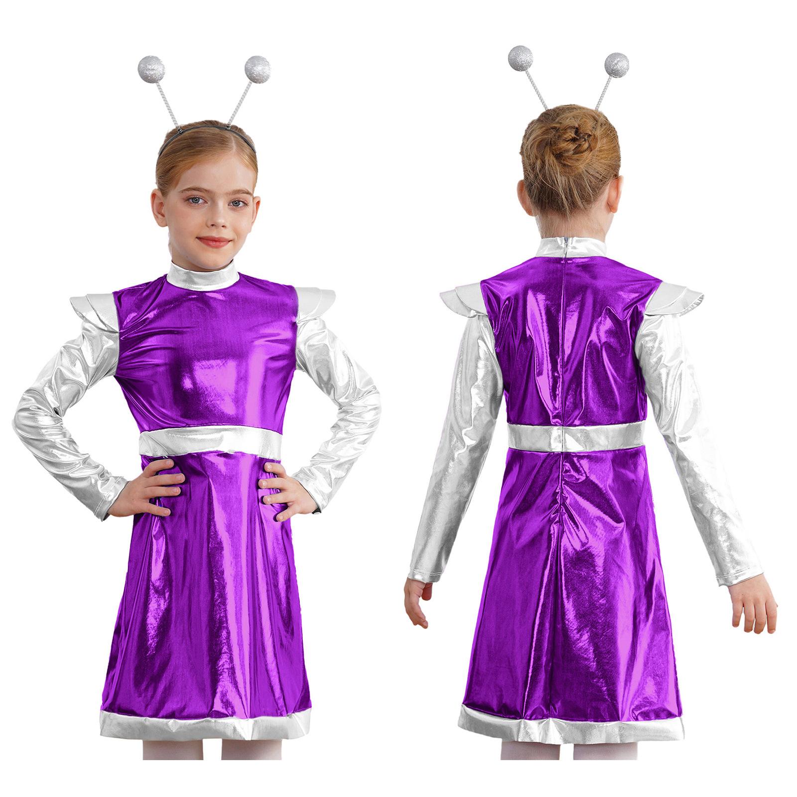 Alien Cosplay Kostüm für kleine Mädchen, Weltraum-Süßes Kostüm, metallisches Kleid mit Haarreif, Astronauten-Halloween-Party-Outfit 9-10 Years violett