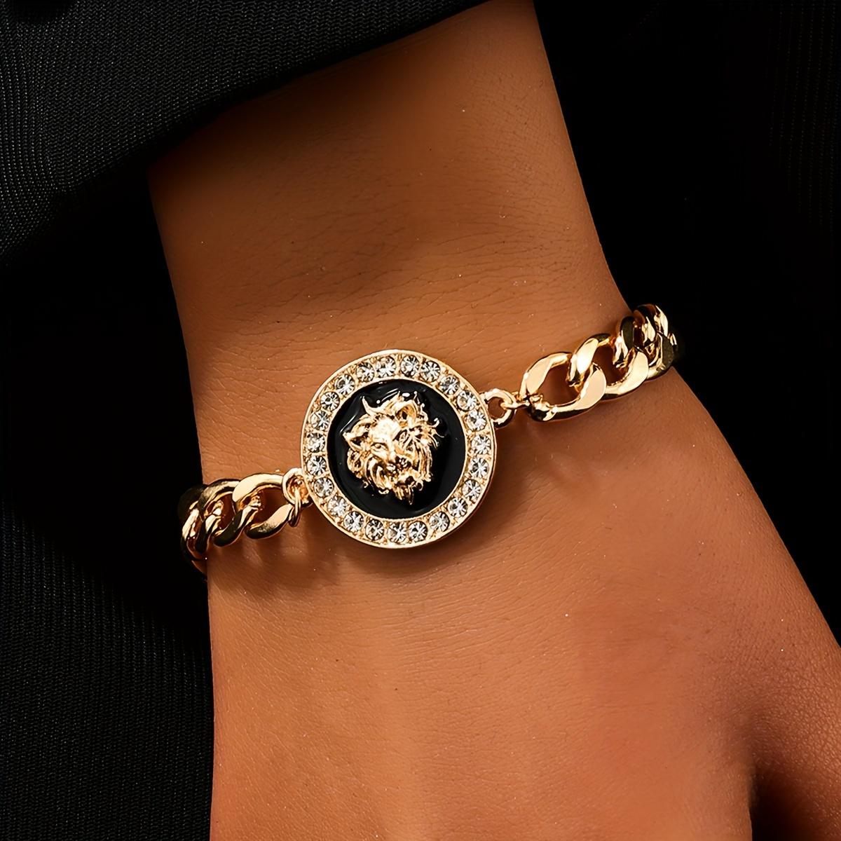 Luxuriöses kubanisches Gliederkettenarmband mit geometrischer Löwenkopfmünze, Hip-Hop-Stil, schlichte Eleganz, Modeschmuck für Männer und Frauen gold