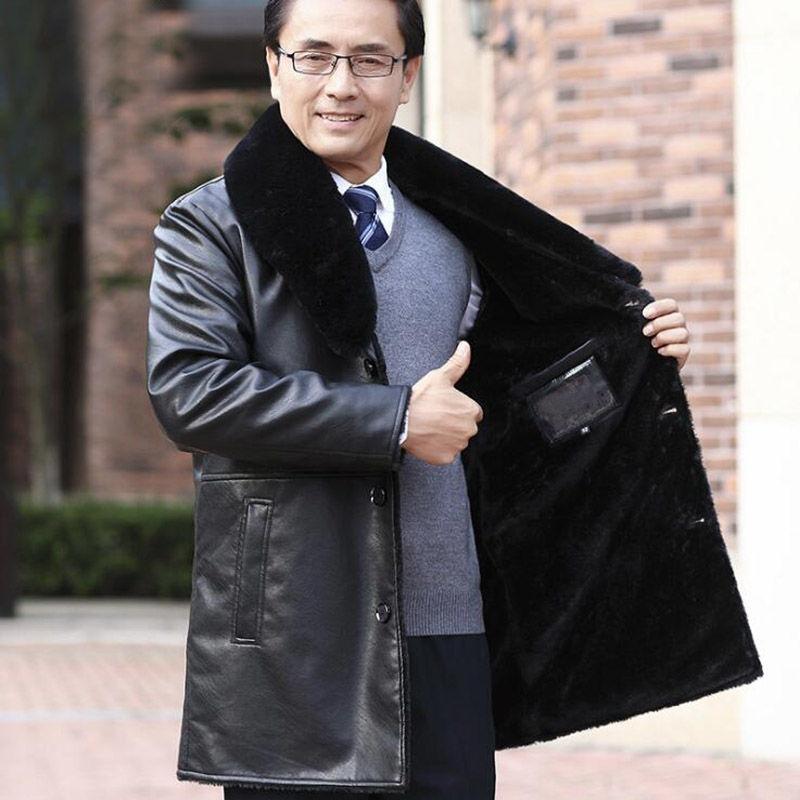 Mittlere und lange Lederjacke Herren Fleece verdickt großen Pelzkragen abnehmbar Winter neu S